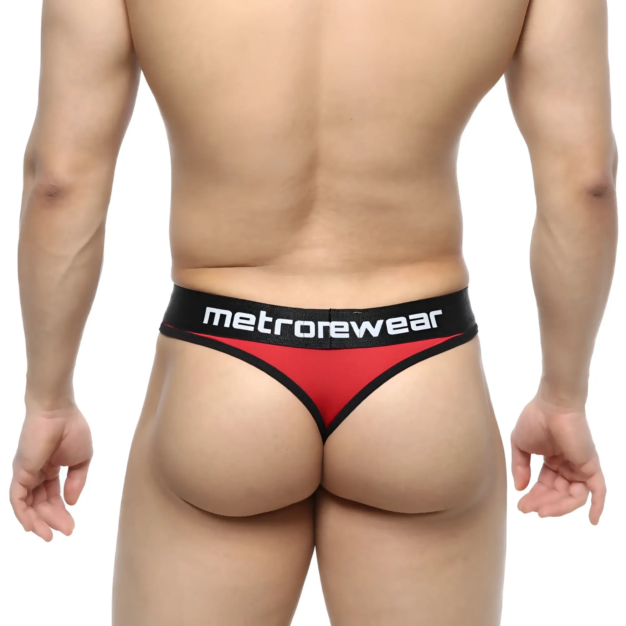 MetroMaleWear Martini thong red 2112-12 in red and black metrowear with sleek minimalist design front side view