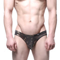 Black lace-trimmed MetroMaleWear mascara bikini briefs with metallic snake-scale pattern and mesh panels