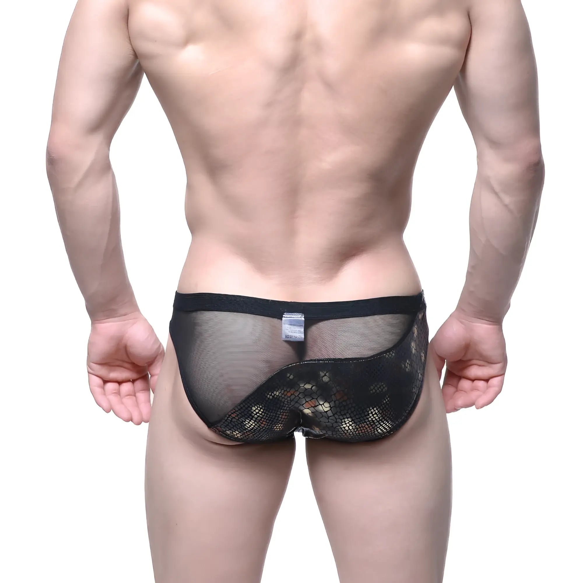 Black mesh briefs with subtle snake scale pattern and solid black waistband metroMalewear mascara bikini dragon 5103-C02
