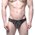 Black and silver zebra-striped men’s briefs with mesh waistband from metromalewear mascara bikini gold 5103-c01 collection