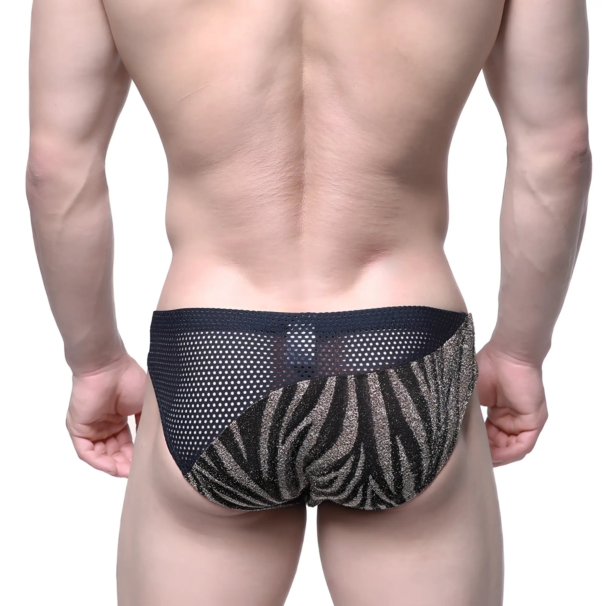 Metro malewear mascara bikini gold 5103-c01 black and gold zebra-striped mesh briefs front view