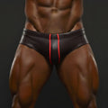 MetroMaleWear Masculino swim bikini in black leather with a bold red vertical stripe down the center