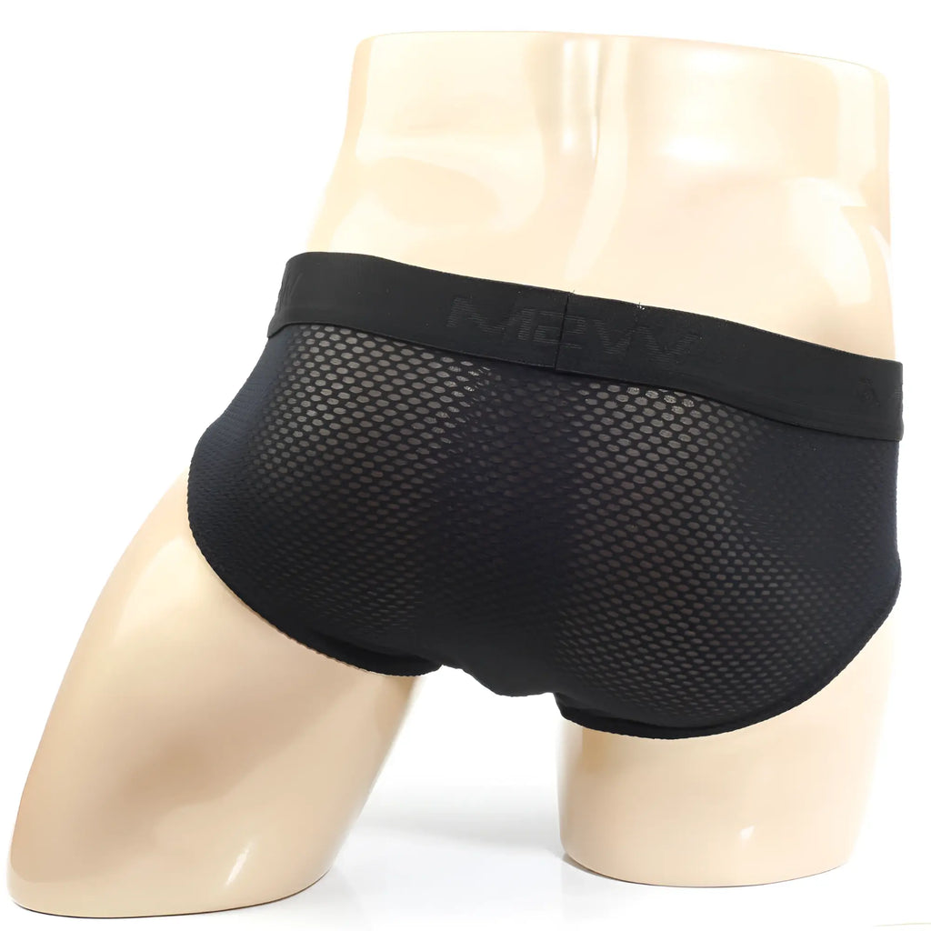 MetroMaleWear Matrix brief black mesh with solid elastic waistband featuring the m2vw logo front view