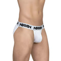 White mesh briefs with black miiiv logo band from metromalewear max bikini 3105-02 in white color