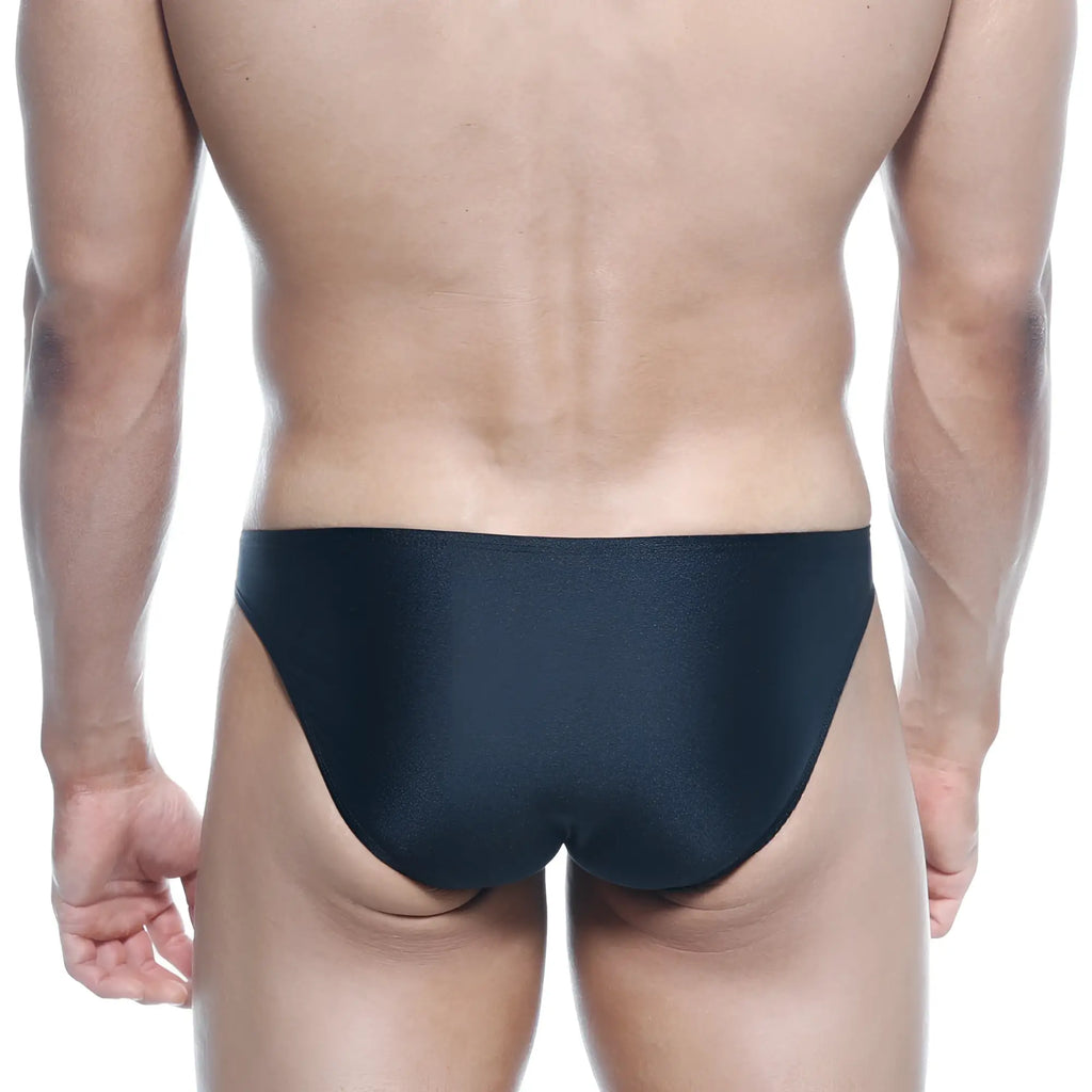 Black sleek metro malewear max bulge bikini swim trunks with smooth form-fitting design for men