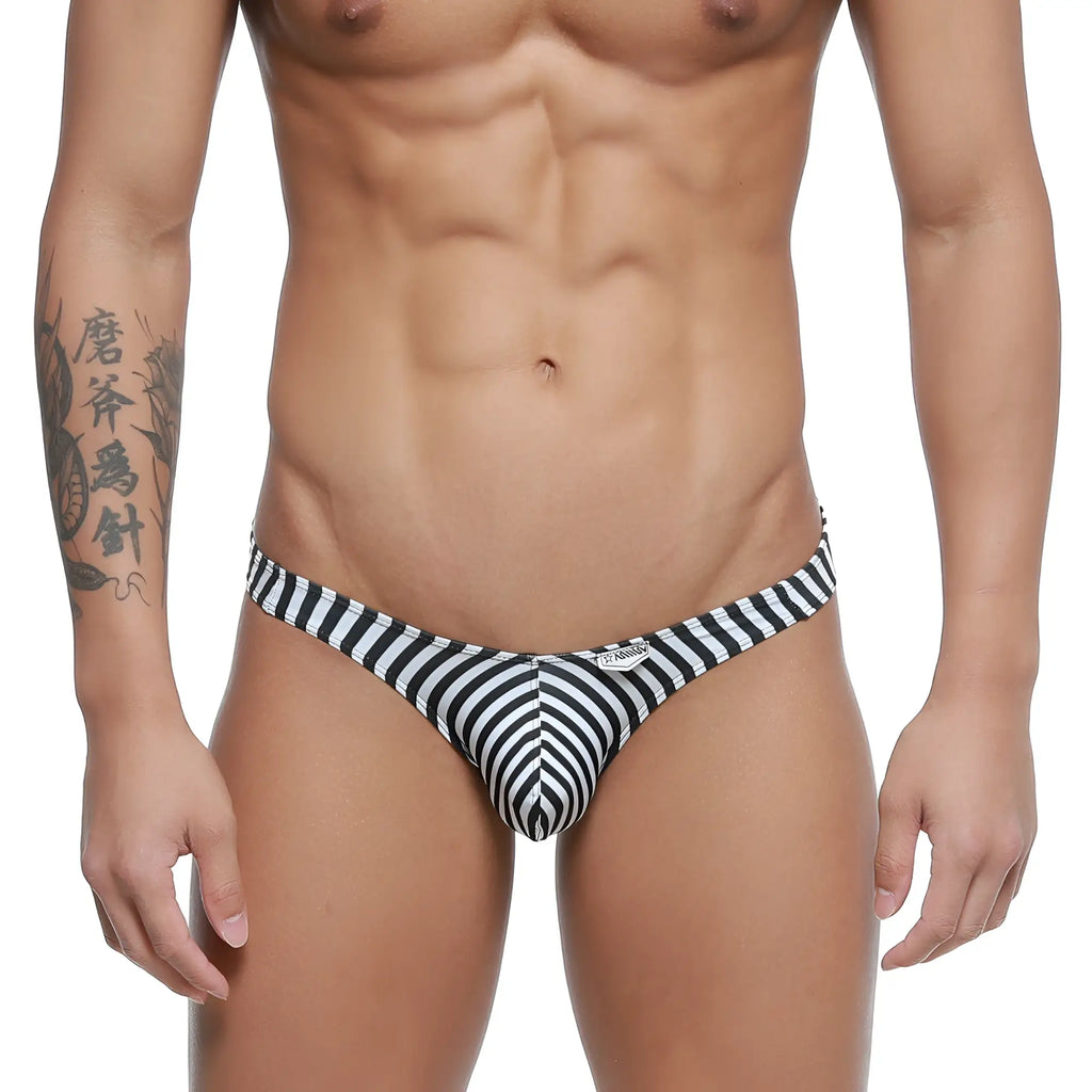 Black and white striped men’s swim trunks with snug contoured design metroMaleWear max bulge bikini jail 6007-40