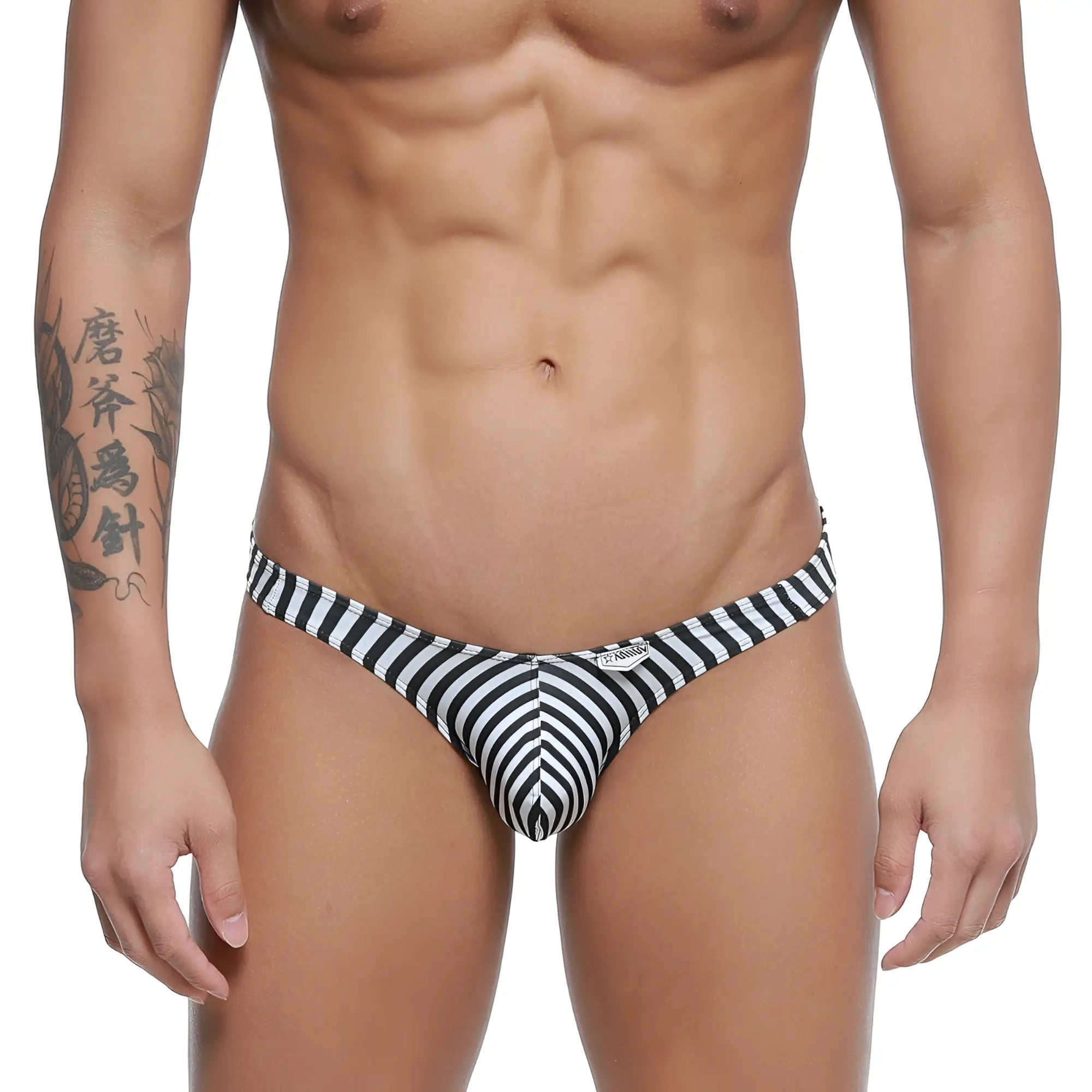 Black and white striped men’s swim trunks with snug contoured design metroMaleWear max bulge bikini jail 6007-40