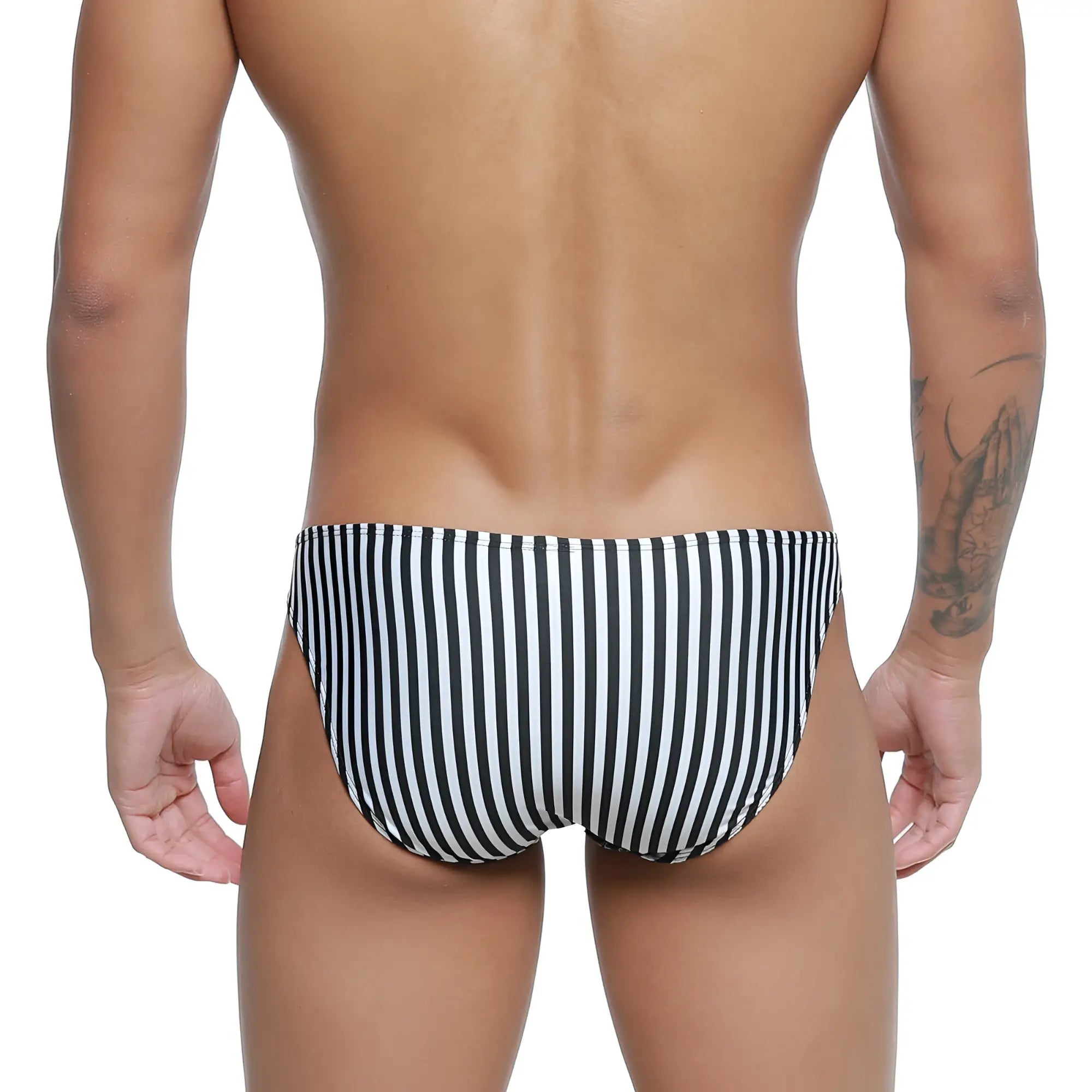 Black and white vertically striped men’s swim trunks metro male wear max bulge bikini jail 6007-40 design