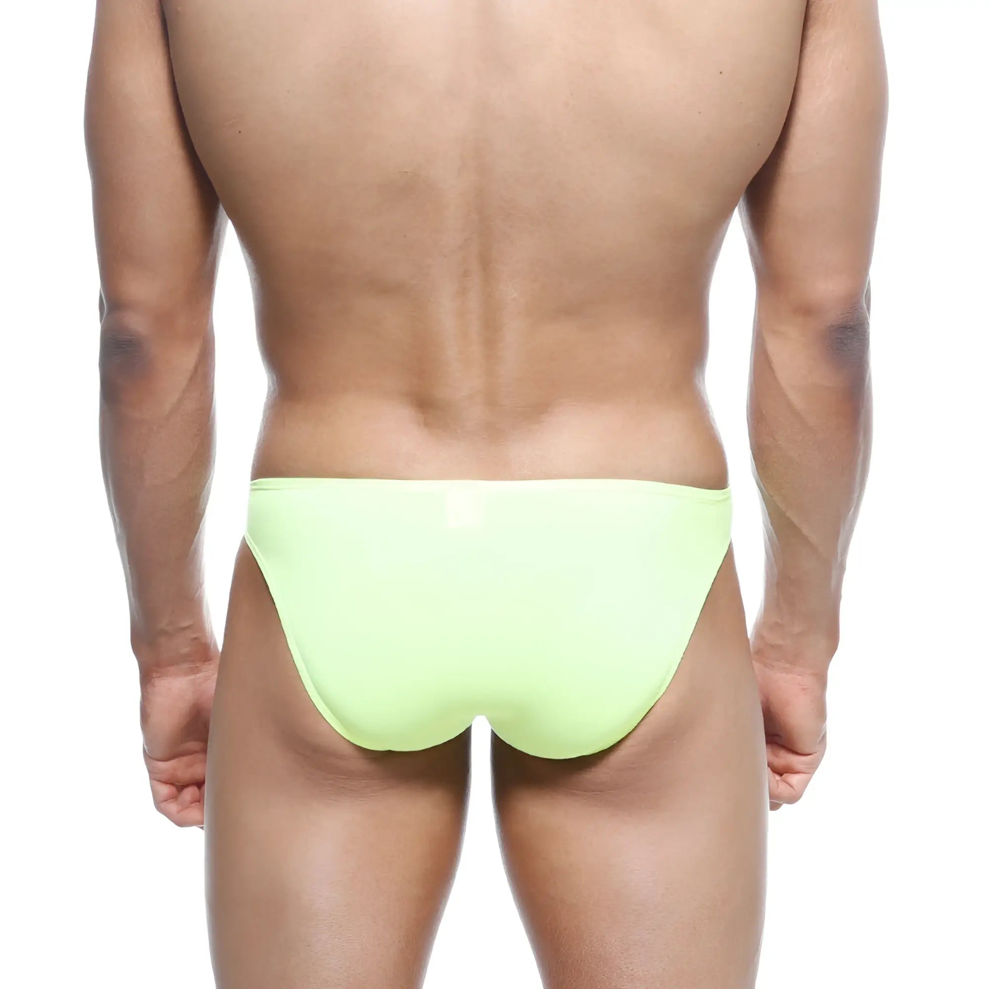 A sleek neon lime metro male wear max bulge bikini brief swimsuit with smooth form-fitting design