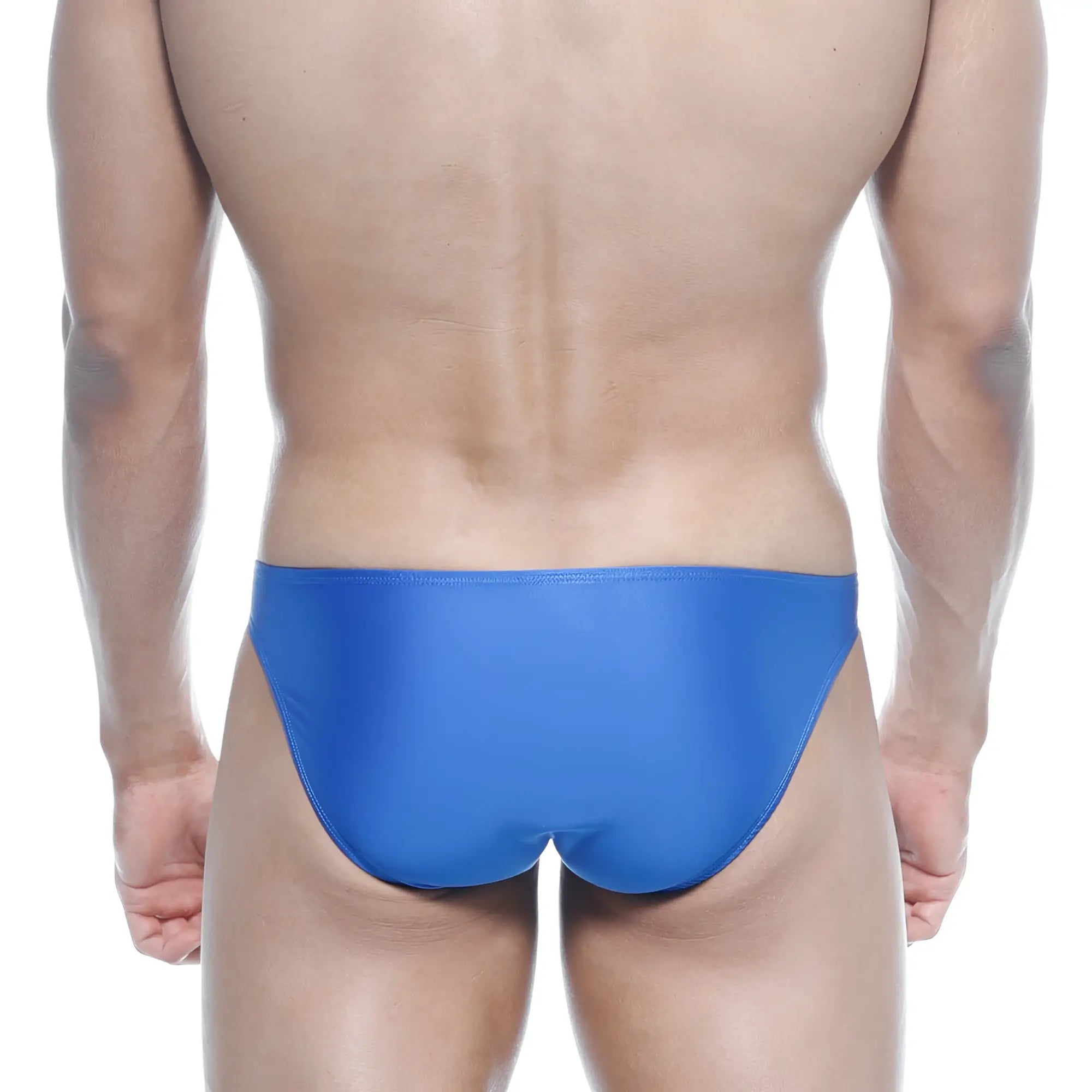 Bright blue metro malewear max bulge bikini one-piece swim trunks with sleek smooth form-fitting design