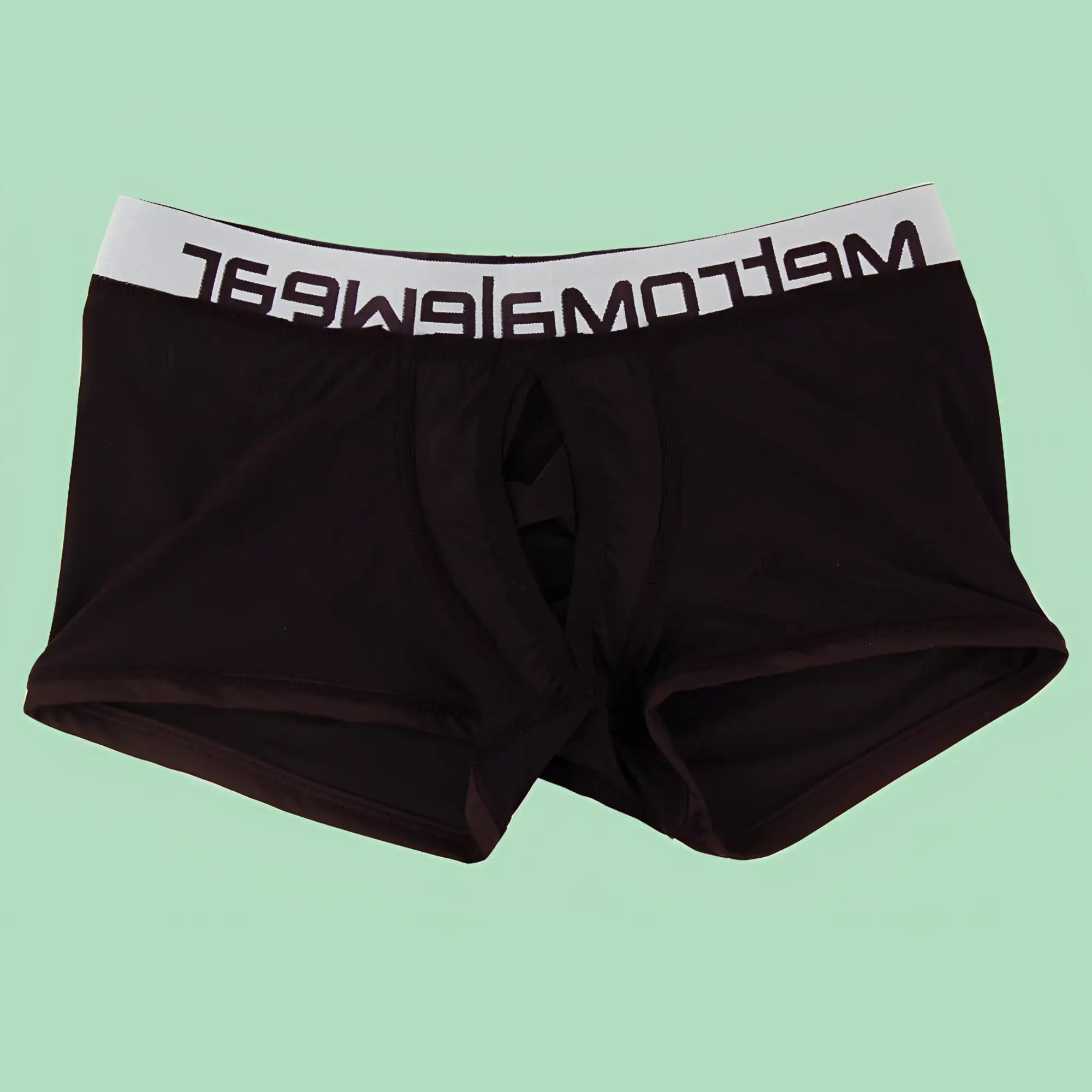 Black MetroMaleWear Max Bulge boxer brief with white elastic waistband and bold meltomagwear branding in black