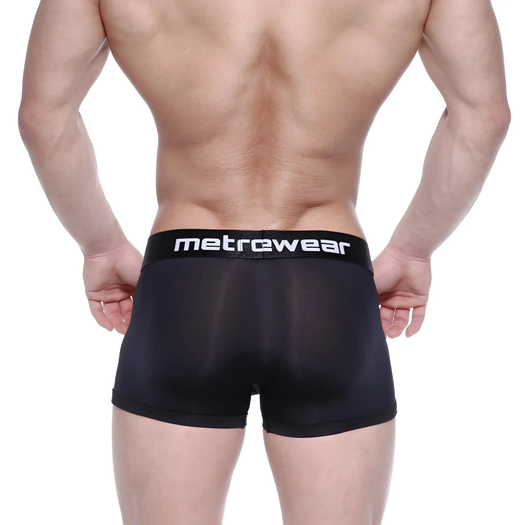 Black mesh metro malewear max bulge boxer brief with black elastic waistband and white metrewear logo