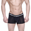 Black mesh metro malewear max bulge boxer brief with white logo waistband for enhanced comfort and support