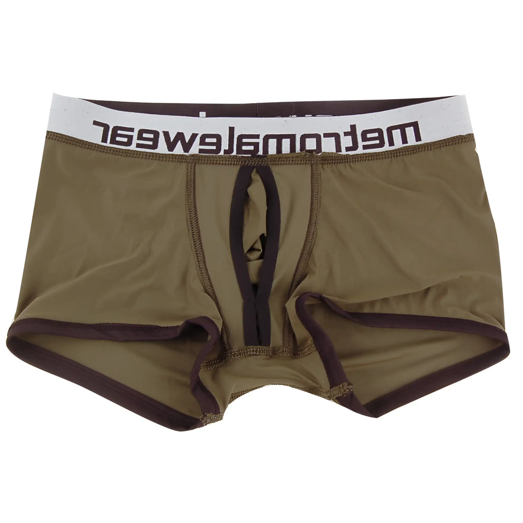 Brown men’s boxer briefs with white waistband and meltrowear logo in dark brown from MetroMaleWear Max Bulge line