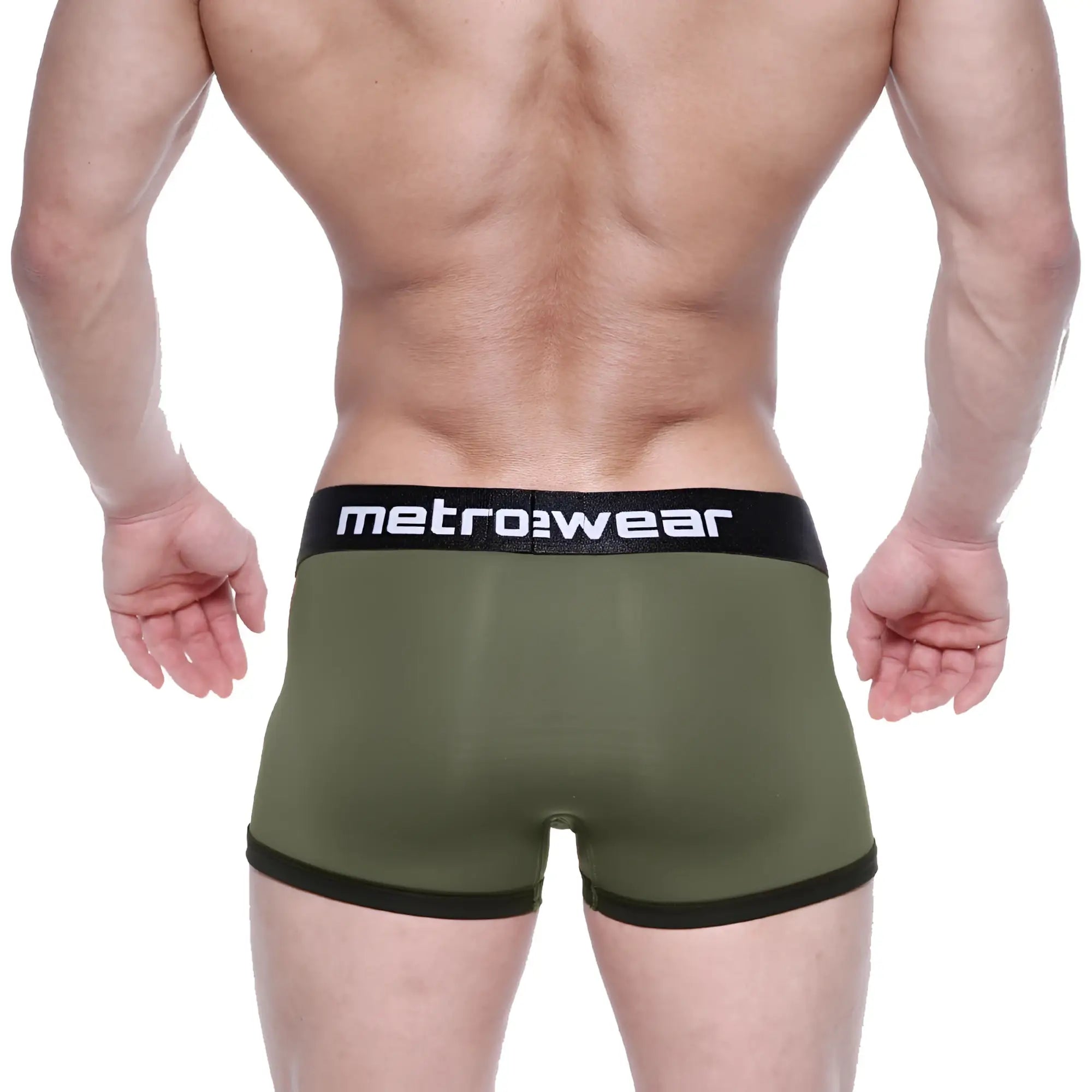 Olive green briefs with black elastic waistband and trim featuring metrowear branding metroMalewear max bulge boxer brief