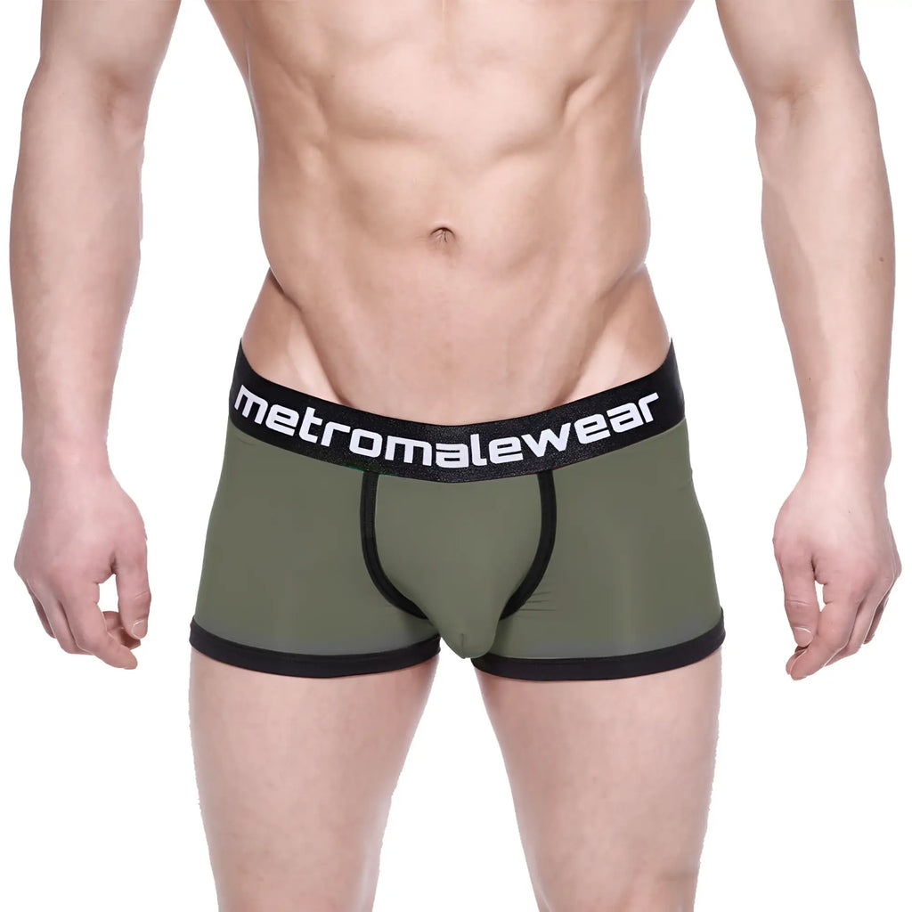 Olive green men’s briefs with black trim and branded waistband from MetroMaleWear Max Bulge Boxer Brief Green 1513-26