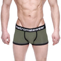 Olive green men’s briefs with black trim and branded waistband from MetroMaleWear Max Bulge Boxer Brief Green 1513-26