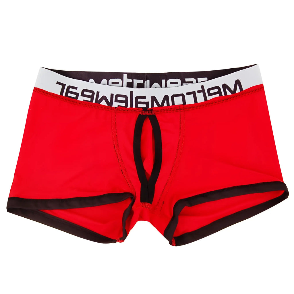Red metro malewear max bulge boxer briefs with black trim and white waistband featuring meltomg logo in black lettering