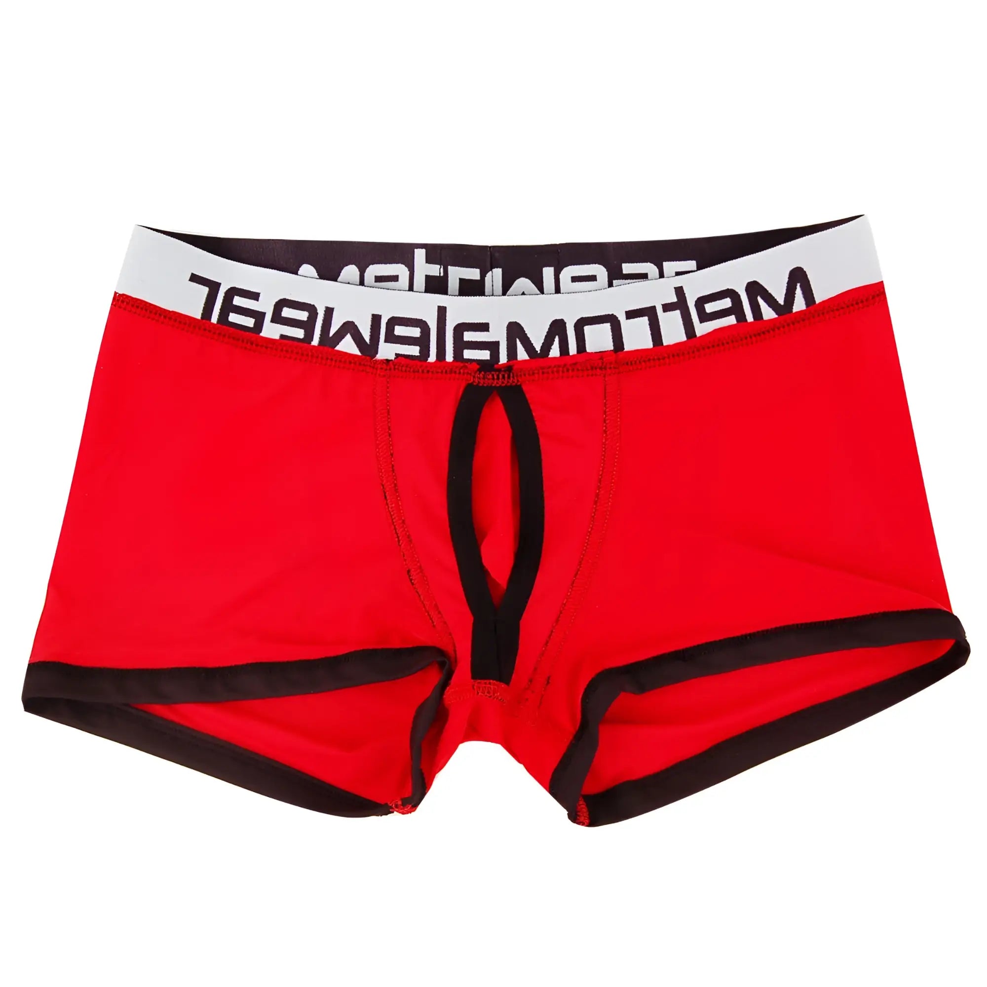 Red metro malewear max bulge boxer briefs with black trim and white waistband featuring meltomg logo in black lettering