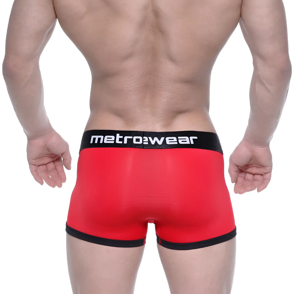 MetroMaleWear max bulge boxer briefs in red with black trim and waistband designed for metro style comfort and support
