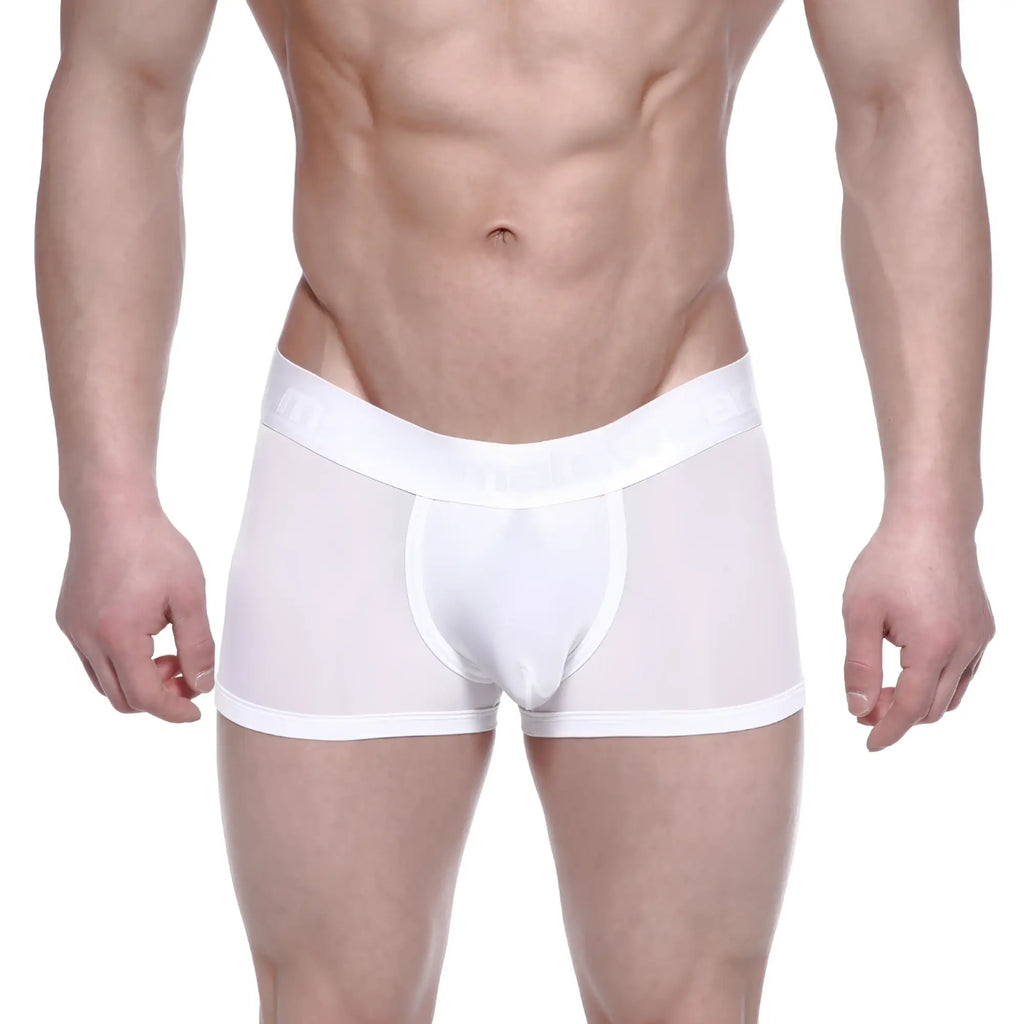 White sheer metroMalewear max bulge boxer briefs with solid white waistband and leg openings