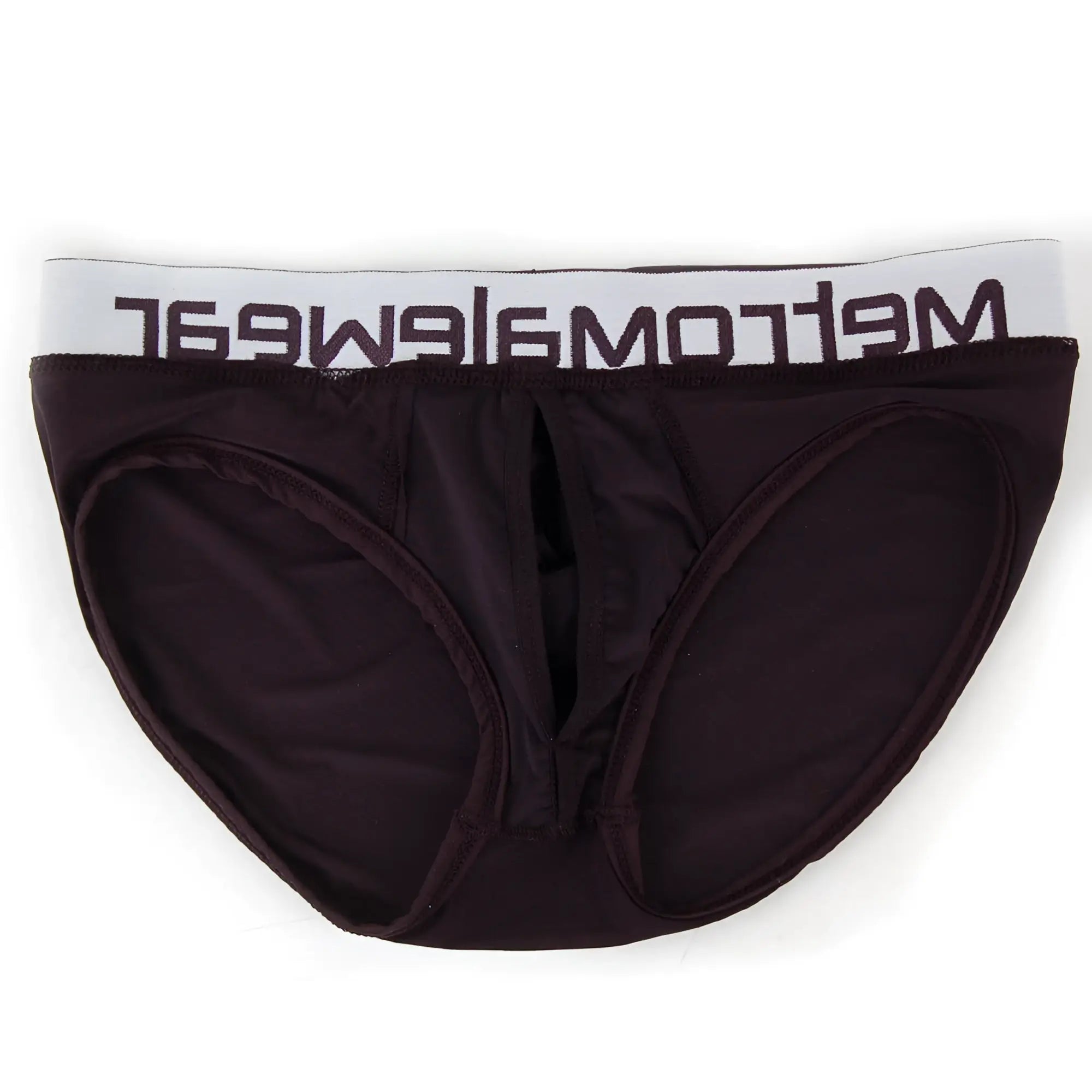 Black men’s briefs with white elastic waistband featuring meltomwear logo for comfortable everyday support