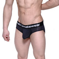 Black mens briefs with white metromalewear logo on waistband featuring max bulge design in black microfiber fabric