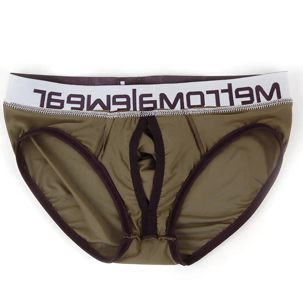 Metro malewear max bulge brief green 1503-26 olive green mens underwear with dark brown trim white waistband and meltrowear logo