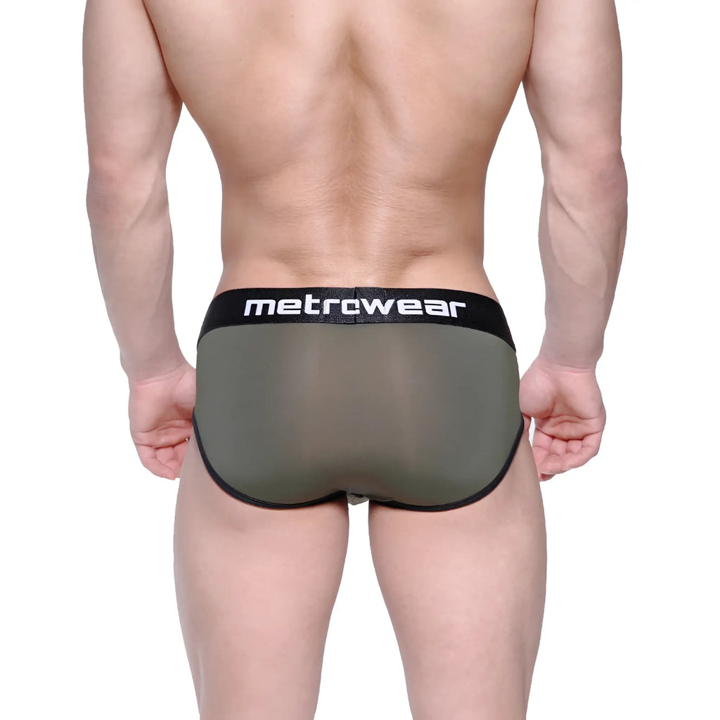 Olive green sheer mesh briefs with black elastic waistband and metrcwear branding metroMalewear max bulge brief 1503-26