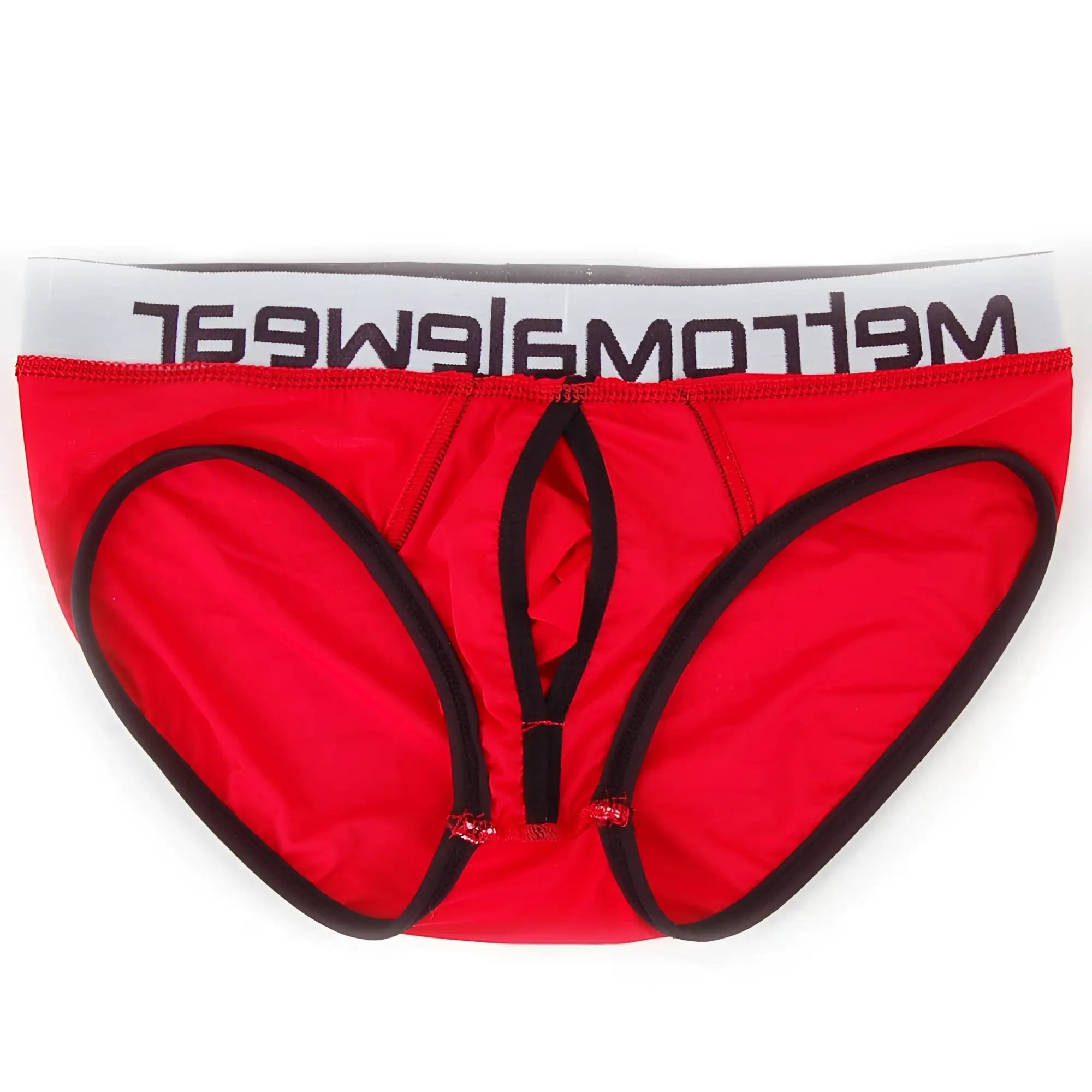 Red men’s briefs with black trim and white waistband featuring meltrowe branding metro male wear max bulge brief
