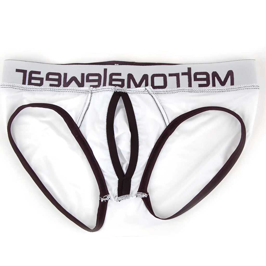 White men’s metroMalewear max bulge briefs in white with black trim and mellowear logo on waistband