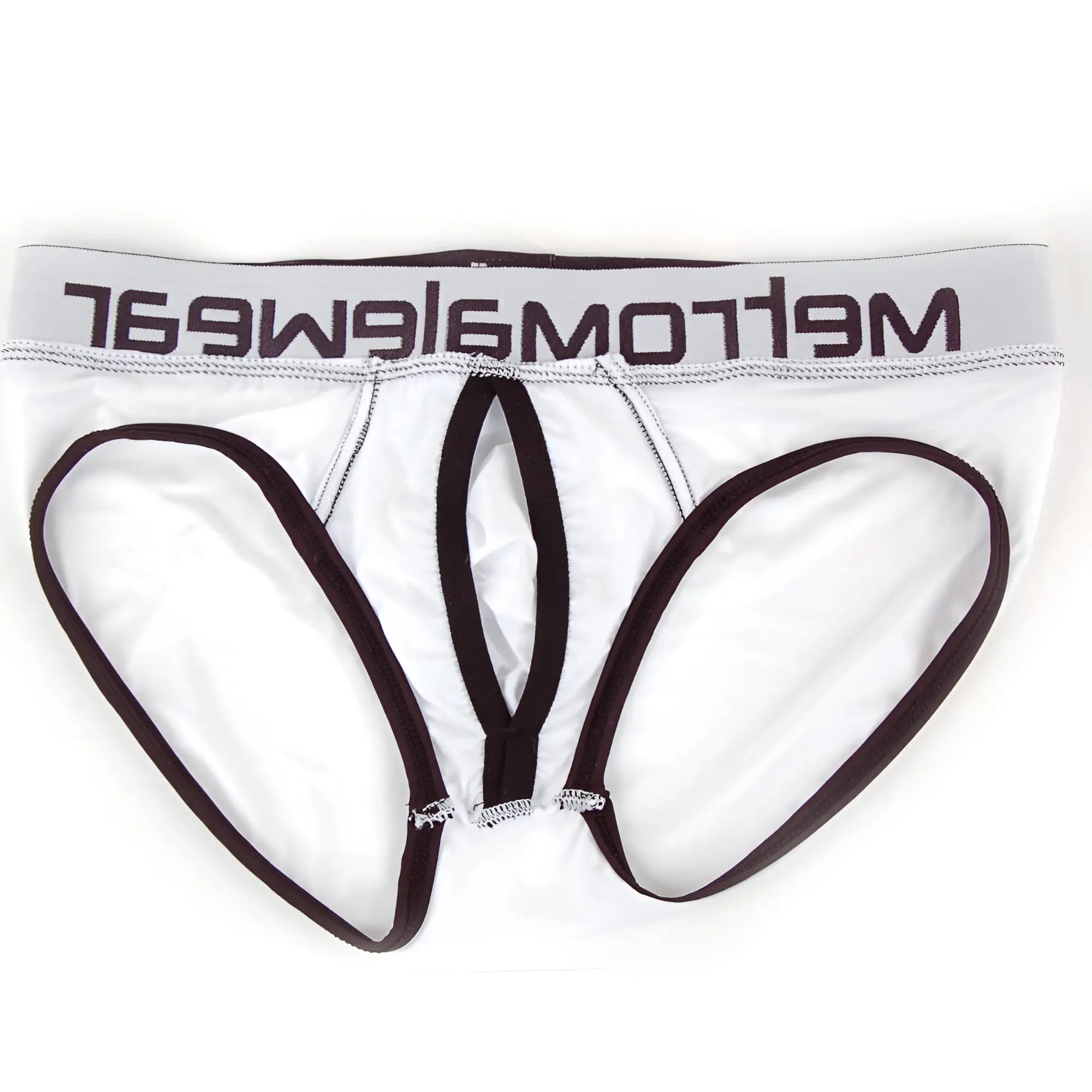 White men’s metroMalewear max bulge briefs in white with black trim and mellowear logo on waistband