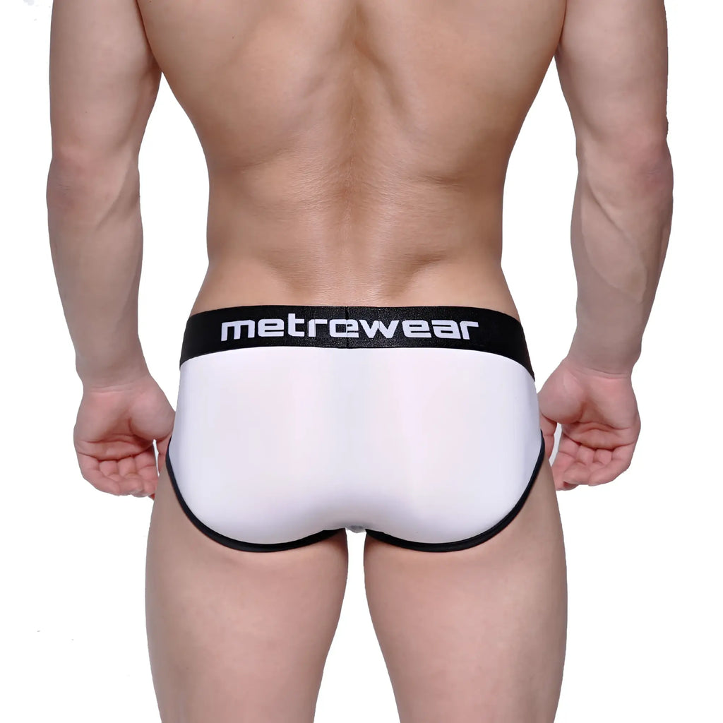 White metrewear metro malewear max bulge brief with black trim and waistband in breathable fabric