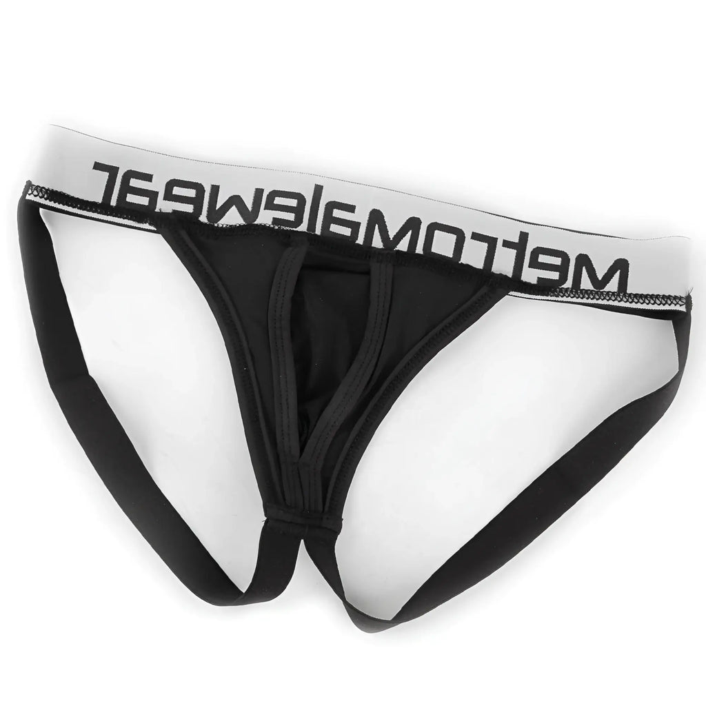 Black men’s briefs with a white waistband featuring meltom logo in black from metro male wear max bulge jock strap black 1511-20
