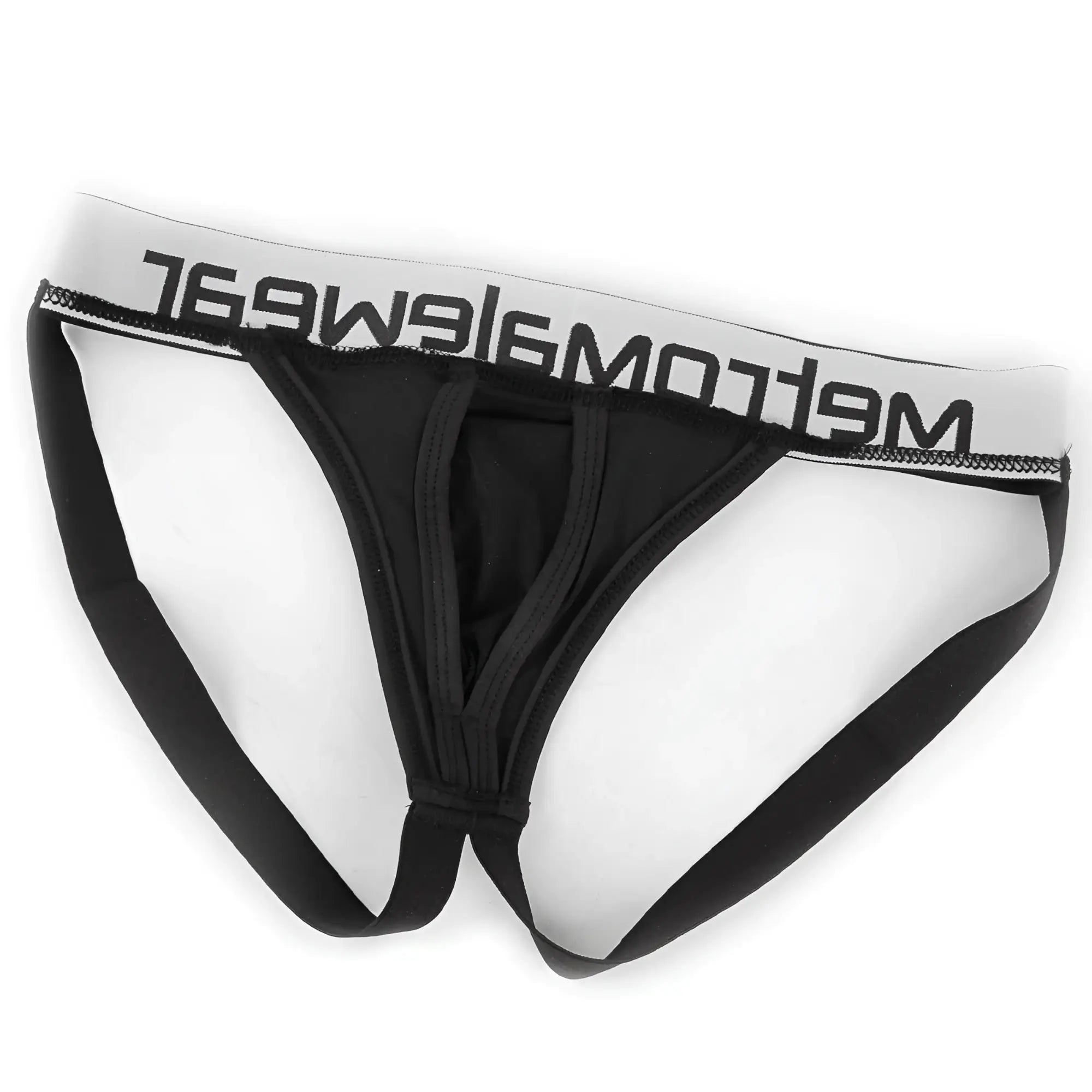 Black men’s briefs with a white waistband featuring meltom logo in black from metro male wear max bulge jock strap black 1511-20