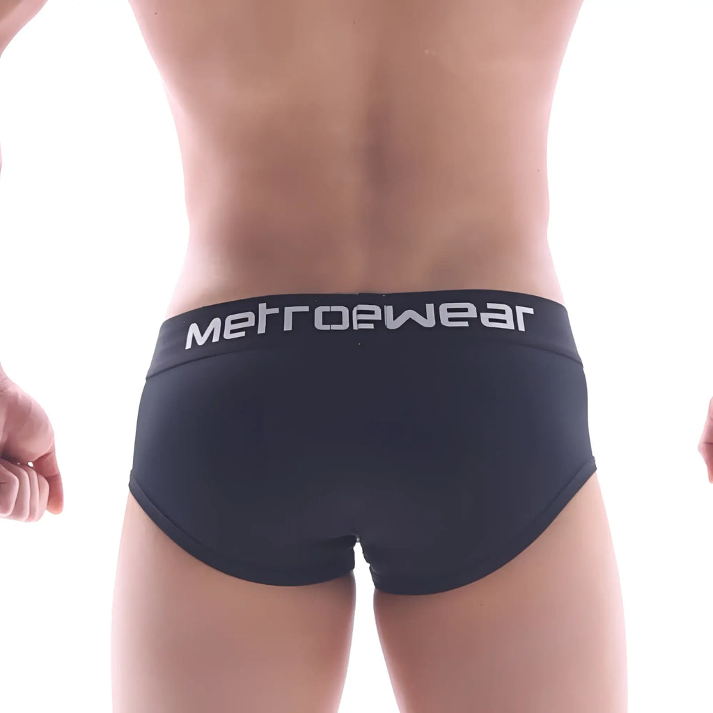 Black MetroMaleWear Max Contour briefs with white logo waistband designed for comfortable everyday wear