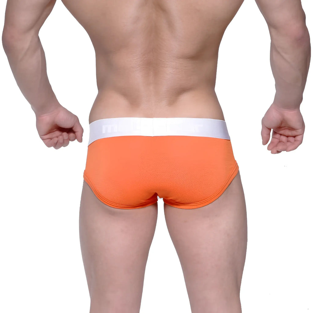 MetroMaleWear Max Contour brief in bright orange with white waistband textured fabric and subtle branding on band