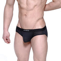 Black mesh metroMalewear max hip brief with solid elastic waistband and white branded lettering