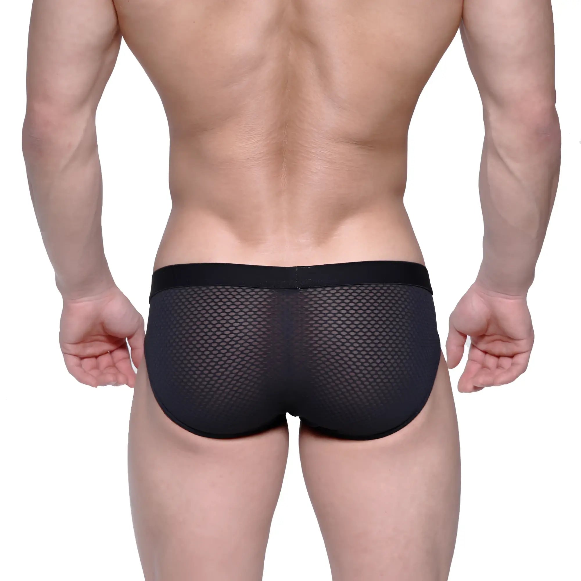 MetroMalewear max hip brief black mesh 3003-70 showing black mesh fabric with a solid black waistband