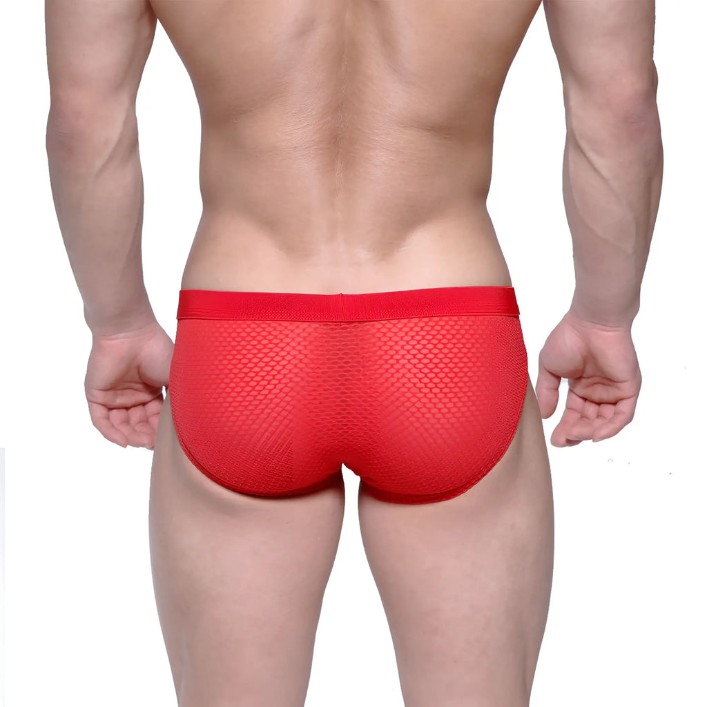 Red mesh briefs with solid red waistband from metromalewear max hip brief 3003-73 showcasing breathable fabric