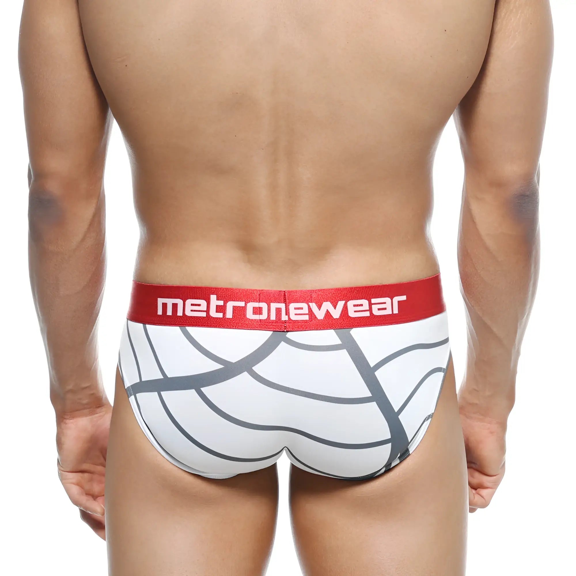 White and gray patterned men’s briefs with a red metronewear waistband metroMalewear max hip brief web 3003-40