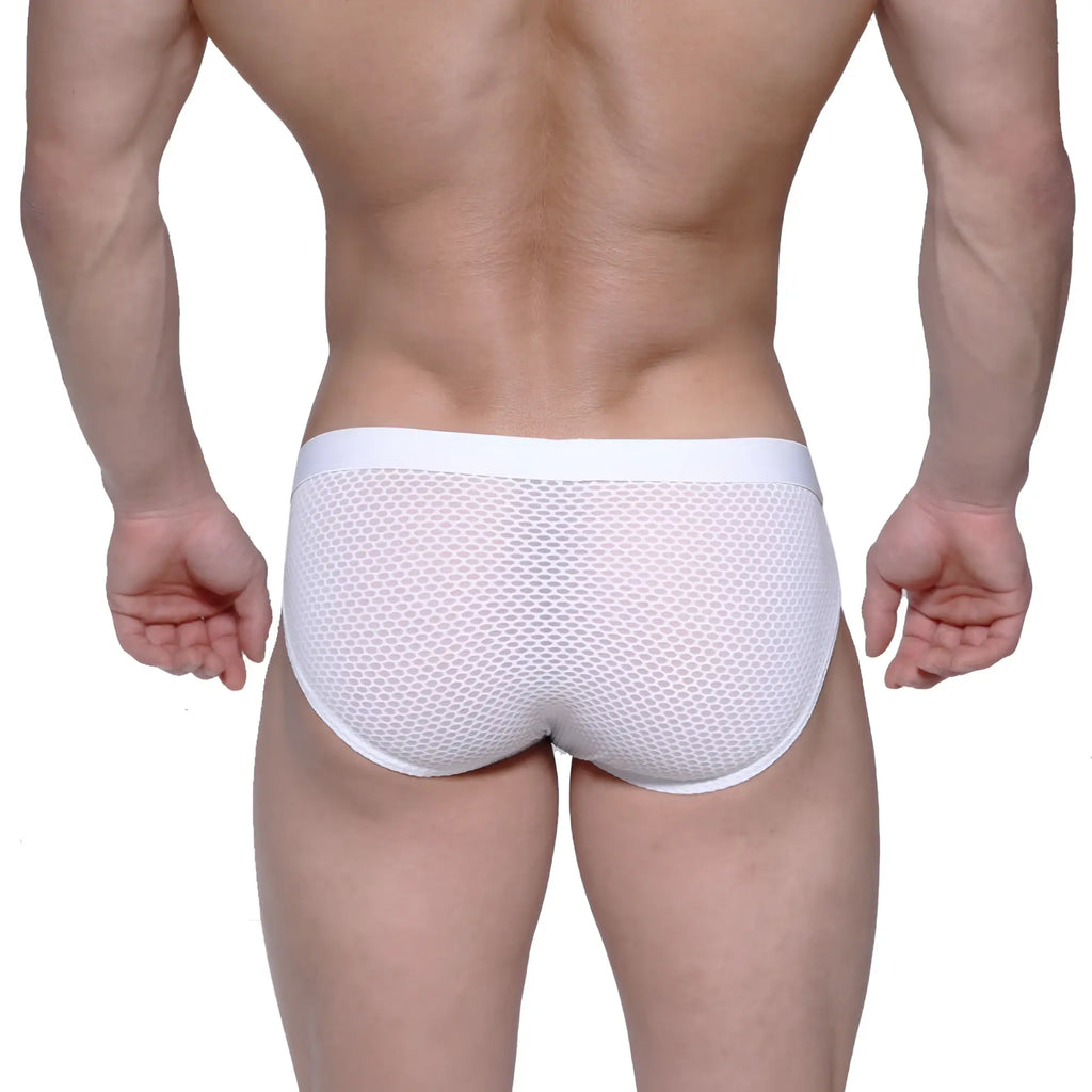 White mesh briefs with solid white waistband from metromalewear max hip brief 3003-71 in front view