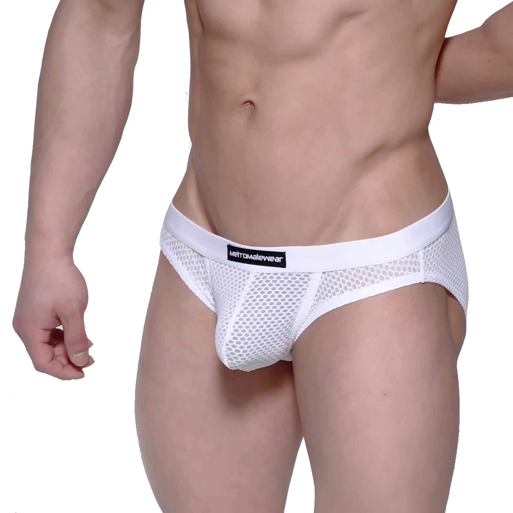 MetroMaleWear max hip briefs in white mesh with solid white waistband featuring metamalewear brand label