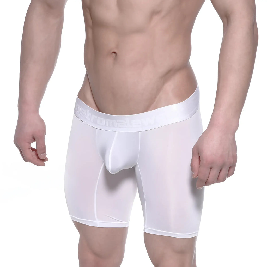 MetroMaleWear Max Long boxer white sheer mesh men’s briefs with reinforced elastic waistband and embossed branding