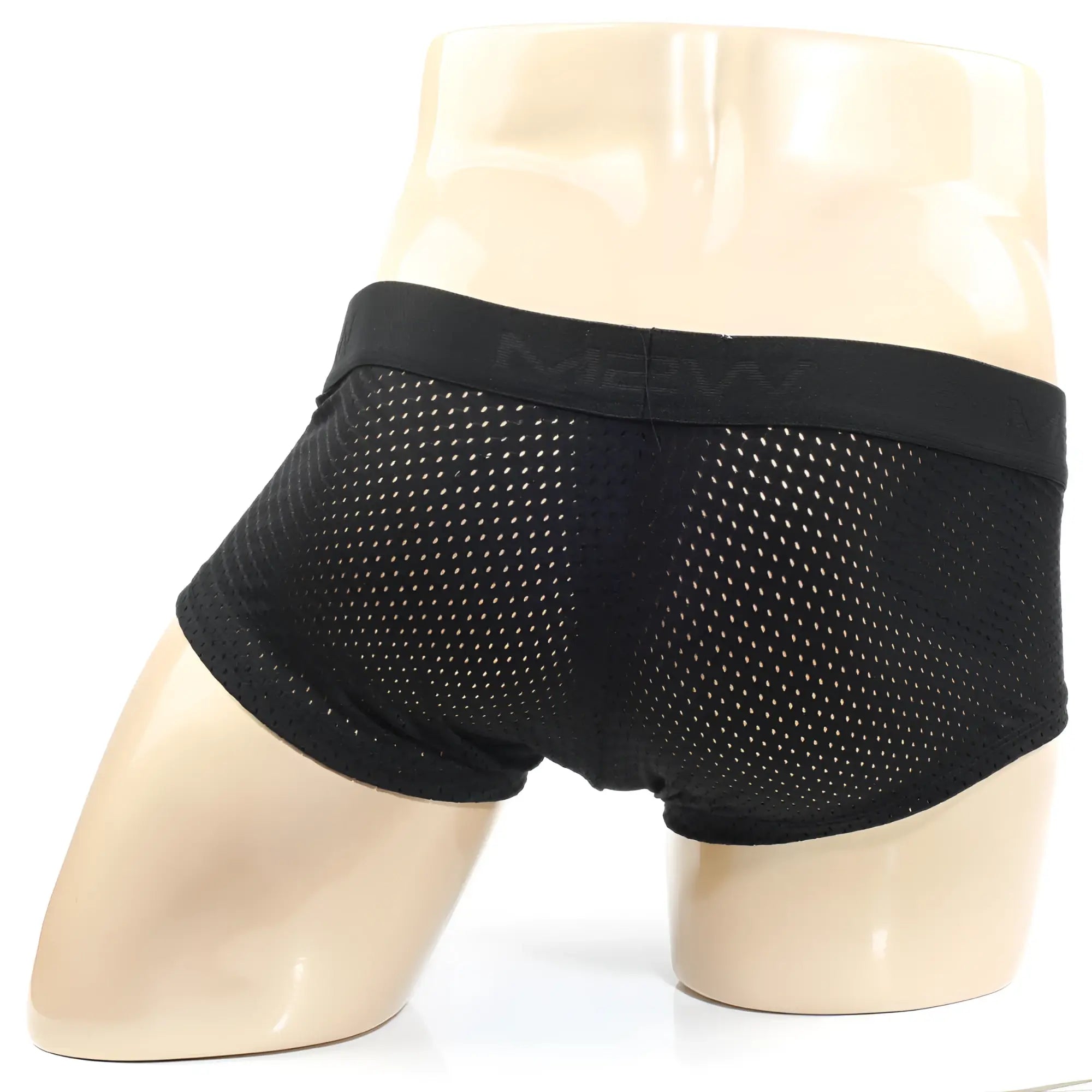 Black mesh briefs with a solid elastic waistband featuring the mebw logo metroMalewear max mesh boxer black 3013-75