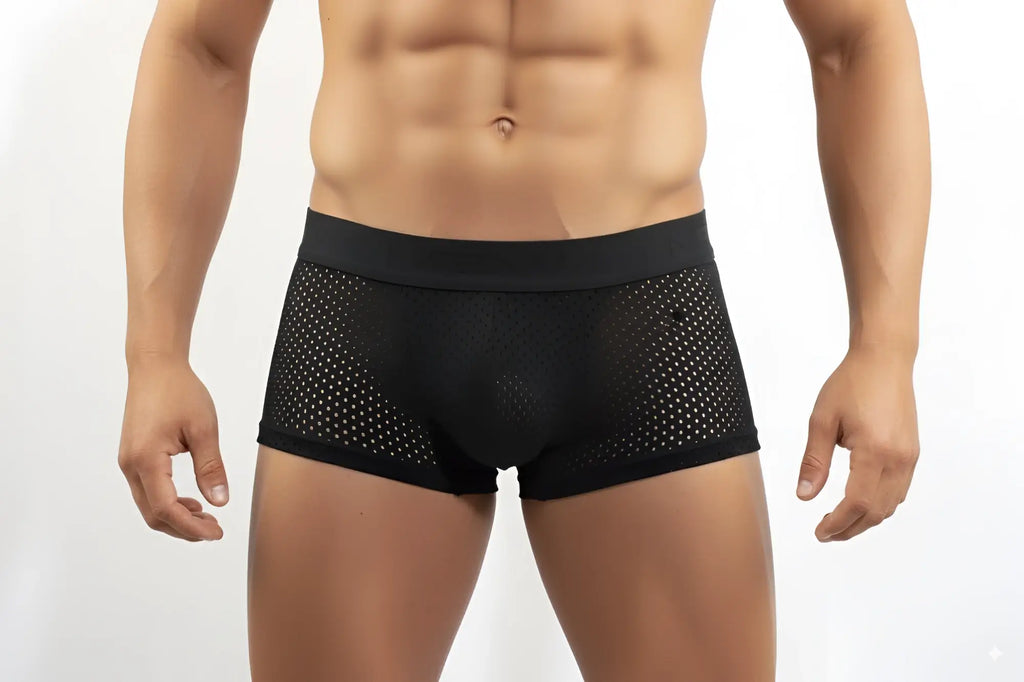 MetroMalewear max mesh boxer black 3013-75 men’s black mesh boxer briefs with solid waistband front view