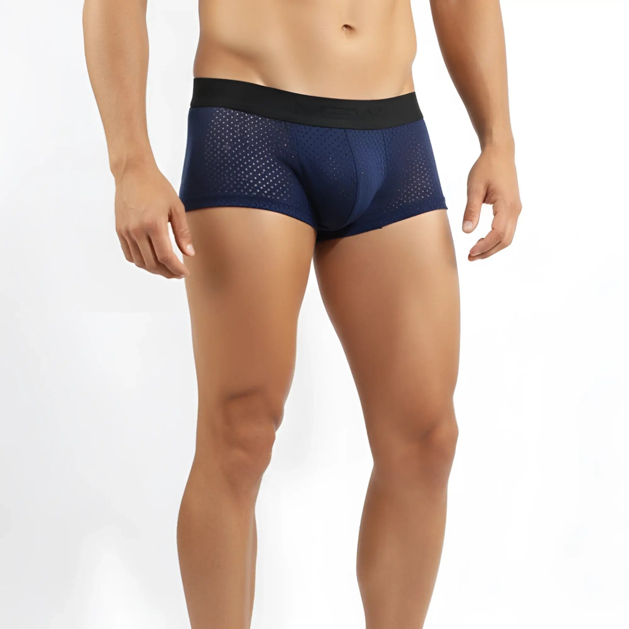 Navy blue mesh briefs with black elastic waistband from metromalewear max mesh boxer 3013-76