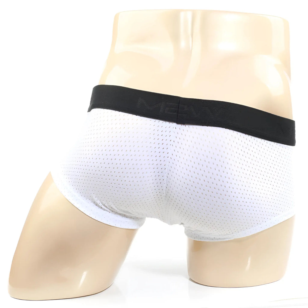 White mesh briefs with black elastic waistband featuring mevy brand logo metro male wear max mesh boxer white 3013-74