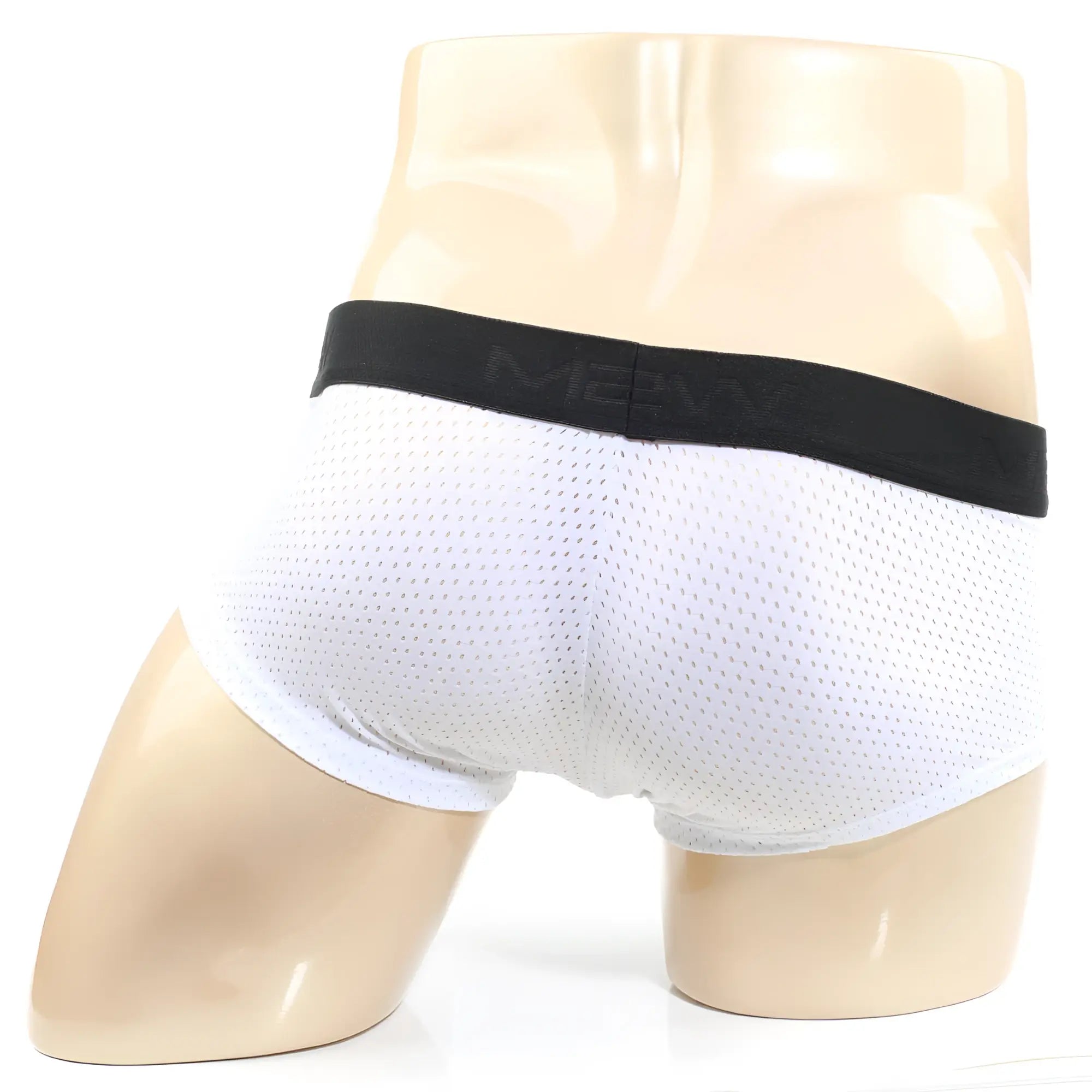 White mesh briefs with black elastic waistband featuring mevy brand logo metro male wear max mesh boxer white 3013-74