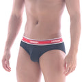Black mens briefs with red and white elastic waistband featuring asmin logo metroMalewear max mesh hip brief black 2103-20